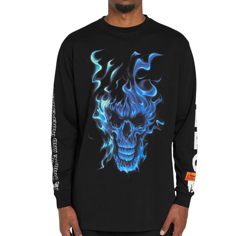 Heron Preston Skull Flames Jersone Long Sleeve Tee Black Size L NWT